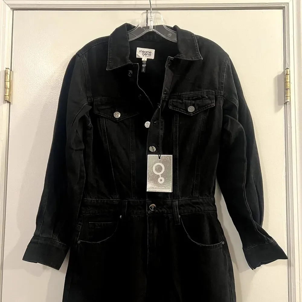 Insane Gene Soda Balloon Sleeve Denim Jumpsuit Black NWT size S - Picture 5 of 8